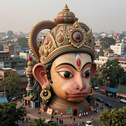 beautiful flowerpunk biomorphic new delhi, hanuman!! head building, kalighat, octane sharp cinematic, stephen shore & john j. park, soft morning light, wide shot, high angle, uhd 8 k, shallow depth of field