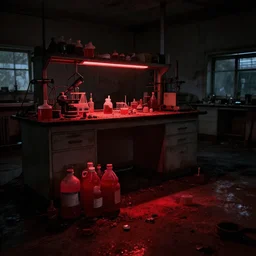 dark, dirty, abandoned laboratory, red light, piles of red liquids on the ground, low brightness, low contrast