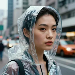 Kodak Portra 400, 8K, highly detailed, wachowski 3/4 extreme closeup portrait, clear eyes, focus on 1990s fashion model in clear transparent raincoat, tilt shift zaha hadid style background: famous blade runner remake, hongkong scene