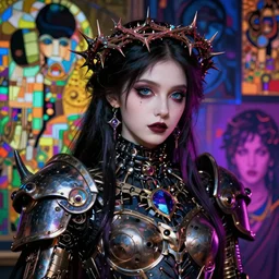 portrait of beautiful cute goth maiden girl with crown of thorns in warhammer demonic mechanical armor, high details, neon colors, art by ( ( ( kuvshinov ilya ) ) ) and wayne barlowe and gustav klimt and artgerm and wlop and william - adolphe bouguereau
