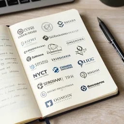notebook lying open on a desk, filled with high tech company logos, scribbled by a mad scientist