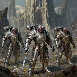 trailcam footage grotesque horrific stylistic vray 3 d render of warhammer, silver ornate armor slim bodybuilder warriors, mountains and giant gothic abbeys, hyperrealism, fine detail, 8 k, artsation contest winner, cgsociety, fantasy art, cryengine, brush strokes, oil canvas by mandy jurgens and michael whelan