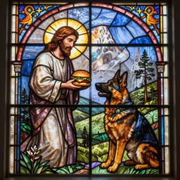 stained glass window Jesus giving a cheeseburger to a German Shepherd