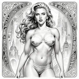 akira anime style, muscular scarlett johansson, d & d, fantasy, intricate, pencil and ink, black and white, elegant, highly detailed, digital painting, futuristic city landscape, artstation, concep art, smooth, sharp focus, illustration, art by artgerm and greg rutkowski and alphonse mucha