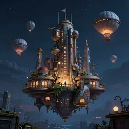 a floating city in a night sky, with a steampunk aesthetic and dirigibles floating in the air, cityscape, digital painting, 4k