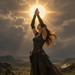 kate beckinsale as dnd thief  starring at the sky, with arms up, praying at the sun, gorgeous female, matte painting, fantasy art