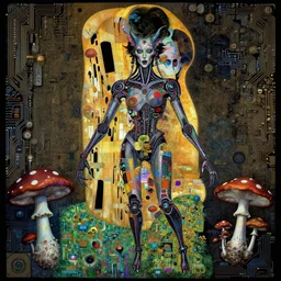 depraved cybernetic demon, lsd, mushrooms, circuitry, intricate detail, klimt, frazetta, giger,