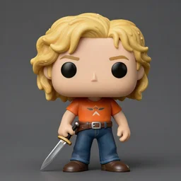 a funko pop of annabeth chase, studio lighting, highly detailed, curly blonde hair, orange camp half blood shirt, dagger, jeans