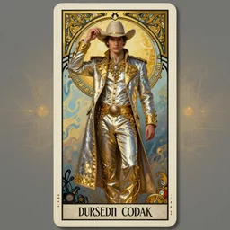 a dramatic ethereal epic symmetrical painting of a handsome! cowboy in a shimmering! silvery! ((golden)) outfit | tarot card, art deco, art nouveau,  (steampunk), homoerotic, realistic | by Dresden Codak, by Mark Maggiori and ((((Alphonse Mucha))) | trending on artstation