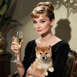 blonde audrey hepburn with glass of champagne in her hand and a shiba inu puppy on her lap. art nouveau