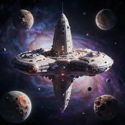 symmetric mothership in space, nebula, planets, asteroids, digital, by jean baptiste monge, unreal engine, artstation