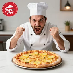 italian chef yells at a pinnaple pizza on the table on pizza hut, beach background, mountains background, 8k, high detailed, high resolution