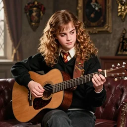 Hermione Granger/Emma Watson wearing a black sweater, playing a guitar, in the Gryffindor common room, portrait oil painting by Ivan Shishkin