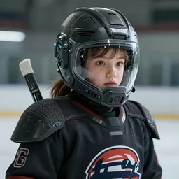 portrait of cute Habs girl ice hockey player, scifi, space helmet, heavy, modern, concept art, bust portrait, Nekro, Tom Bagshaw, Craig Mullins, Thomas Jorion, ventail, exoskeleton, hyper realistic, hyper detailed, artstation trending, lots of nuance of detail in the dark