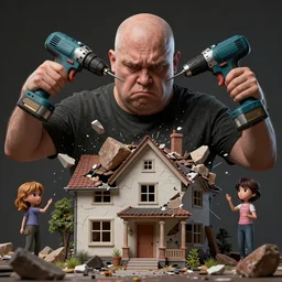 grumpy chunky bald dad destroys house, his hands are power drills, hyperrealistic digital art masterpiece, highly detailed neo pop surrealism, jason limon kay sage hannah yata, dramatic lighting, low angle, uhd 8 k, sharp focus