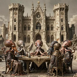 group of mages with octopus heads sitting near the table in ancient mage castle with enormous scale, gothic and barocco, brutalist architecture, ultradetailed, Intricate by John Howe and Josan Gonzalez and James Jean and Giuseppe Arcimboldo