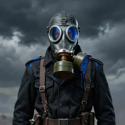 portrait of futuristic world war 1 cyborg soldier with gas mask, black clothes, dark clouds, blue filter, dripping paint, craig mullins, ash thorpe, fibonacci rhythm ar