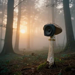 long mushroom with big speaker head, lost in the foggy woods, by simon stalenhag, roger dean and greg rutkowsky, sunset
