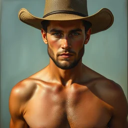 portrait of a handsome young shirtless ohio farmer, art by denys tsiperko and bogdan rezunenko, hyperrealism