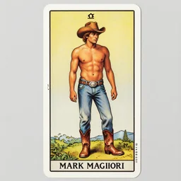 a beautiful tarot! card by Mark Maggiori of a handsome shirtless cowboy wearing cowboy hat and boots with a chunky build and beer belly next to a campfire, homoerotic!, art deco!, art nouveau,  by Walter Crane, trending on artstation