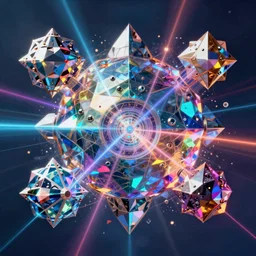 ai generated flying psychedelic structured machines in shapes that distort the placing of the spaces of the colors in a crystal that reflects and bends the light rays as they travel through the thought paths of the soul composed of changes towards the surface of our knowledge, raytraced platonic solids, high detail, 8 k, hyper realism, diffraction, laser tracing