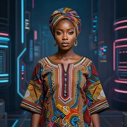 hyper realistic portrait of beautiful african yoruba woman standing in the middle of a broad cyberpunk background with lots of space all round, perfect face, fine details, colorful patterns, studio lighting, subtle shadows, art by tim okamura and karol bak, canon eos r 3, f / 1. 4, iso 2 0 0, 1 / 1 7 0 s, 8 k, raw, unedited, in - frame
