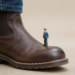 very small mormon man being stepped on by a boot, macro photography, 1 0 5 mm f 2. 4