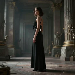 high quality portrait photo back into the chamber turning a woman standing in the middle, volumetric dramatic lighting, medium shot, ground angle, uhd 8 k, shallow depth of field, concept art by cedric peyravernay, cgsociety, neo - figurative, unreal engine 5, physically based rendering