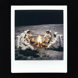 a group of astronauts sit around a campfire on the moon, polaroid, vintage photo, realistic highly detailed, 5 0 mm, dslr, hd, 8 k,