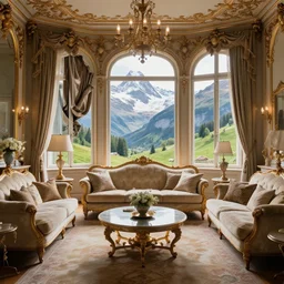 photo of a fantastical baroque living room with switzerland landscape in the window in the style of maximalism