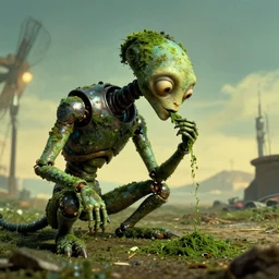 the strange creature likes to eat, made of Chlorophyll and metal, film still from the movie directed by Denis Villeneuve with art direction by Salvador Dalí