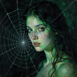 a beautiful terrifying painting dark close up woman in a spider web, green, and black hues by raymond swanland, gaston bussiere craig mullins alphonse mucha basil gogos norman rockwell takato yamamoto, wlop, moebius syd mead roger dean