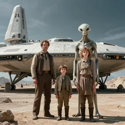 8k film still from a sci fi blockbuster color movie made in 2022, set in 1860, of a family standing in front of a spaceship that has just landed on an alien planet, a humanoid alien creature stands nearby, the family are all wearing 1850s era clothes, cinematic lighting, cinematic camera, detailed human faces, extremely good lighting, good photography, winner of seven oscars
