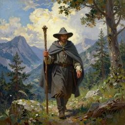 a man in a grey cloak and brimmed hat with a staff travelling trough the mountains with trees, very detailed, colorful, oil painting, clouds