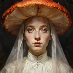 illustration of a beautiful priestess of the fungus god, face head eyes, hyperrealistic art by Ivan Aivazovsky