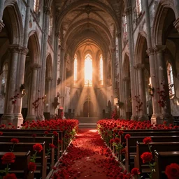 a interior photo of a ruined church with a lot of red flowers growing inside at sunset, godrays, complementary colors, concept art, DeviantArt, Ferdinand Knab, beautiful, 8K,highly detailed, high quality