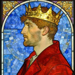 beautiful and detailed portrait of a man wearing a golden crown with short spikes, profile view, side view, stern and confident, buzzcut, stubble, he wears a red coat, stained glass art, by alphonse mucha, blue mosaic background, very masterful