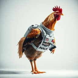 studio photo still of a full body chicken in a space suit, 8 k, studio lighting, key light from right side,