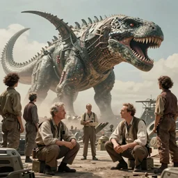 group of scientists around giant dead kaiju, retrofuturism sci - fi old movie, highly detailed, photorealistic, 8 k, by beksinski and stalenhag
