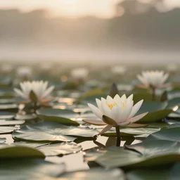 lily Pads and Lotus flowers, golden hour, close up, DOF, 8k, artstation, atmospheric, morning mist,