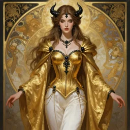 Portrait of a Holy Necromancer, female, beautiful, golden robes, white pants, exquisite black accessories, golden corset, highly detailed, smooth, sharp focus, digital painting, illustration, fantasy, by Krenz Cushart and Artem Demura and alphonse mucha, artstation