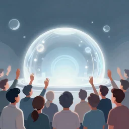 illustration of an excited crowd looking at glowing sci fi dome in the centre of a dream city, studio ghibli, ultra hd