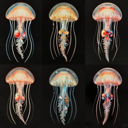 full color page scan of various vintage jelly fish illustrations on black background, in matte painting, 2 d, kitbash, 4 k