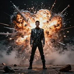 fashion editorial in asteroid explosion. wide angle shot. highly detailed. depth of field. high definition. 8k. photography.