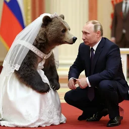 Putin in a wedding dress marrying a bear, highly detailed