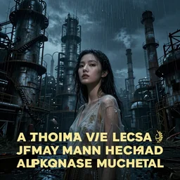 an asian woman, beautiful face, in abandoned industrial city with towering factories, fire escapes, scaffolding, smokestacks at night in the rain dark moody lighting, post - apocalyptic, desolate, by jeremy mann and alphonse mucha, dramatic lighting, ethereal, stunning, breathtaking, awe - inspiring award - winning, 8 k