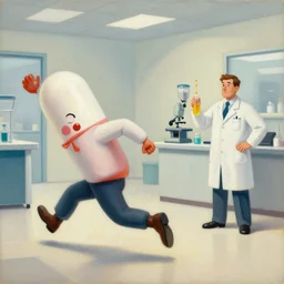 an oil painting of an antibiotic pill running away from a pharmaceutical company representative, illustration