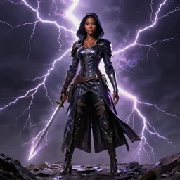 high fantasy black female rogue portrait by Craig Mullins, full body, trending on artstation, dramatic lightning