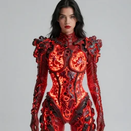 olivia wearing an outfit made of glowing red hot lava, model at new york fashion week, black hair, freckles, pale skin, half body photo by greg rutkowski, bright lighting, soft colors, female beauty, intricate detail, elegance, sharp shapes, 3 5 mm, depth of field, masterpiece