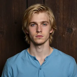 digital portrait of a skinny white male, slightly longer blond hair and a light stubble beard, wearing a light blue shirt, blue eyes, rugged, teenage, fantasy, wizard, trending artstation, dungeons & dragons, neutral expression, wooden background, award winning dark lighting, realistic, high detail